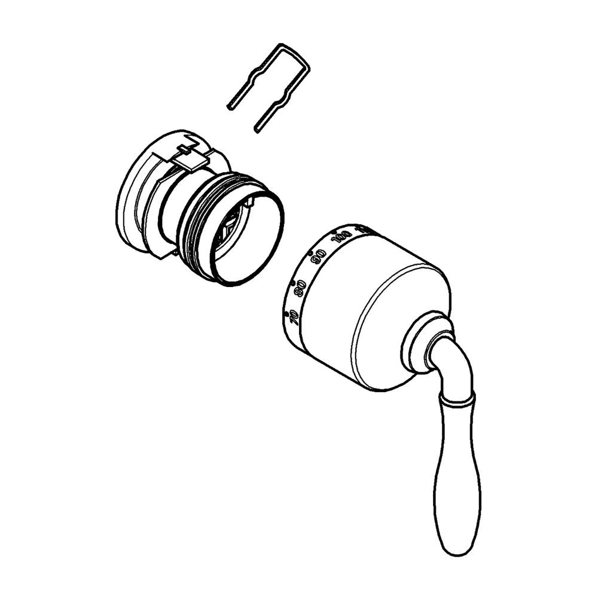 Exploded view of thermostatic valve cartridge assembly with temperature lever and mounting clips.