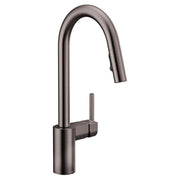 Black stainless steel kitchen faucet with arched spout and single handle on cylindrical base.