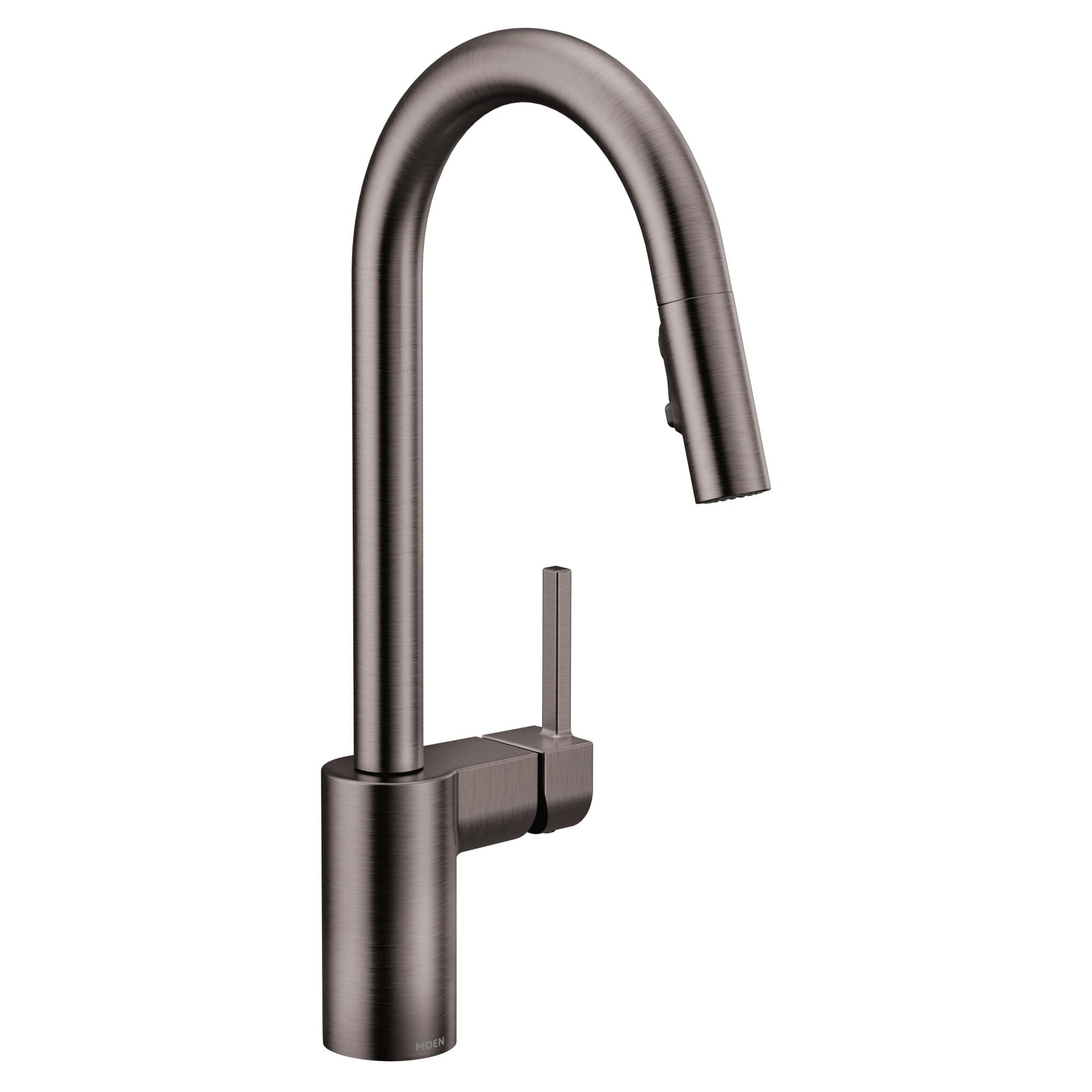 Black stainless steel kitchen faucet with arched spout and single handle on cylindrical base.