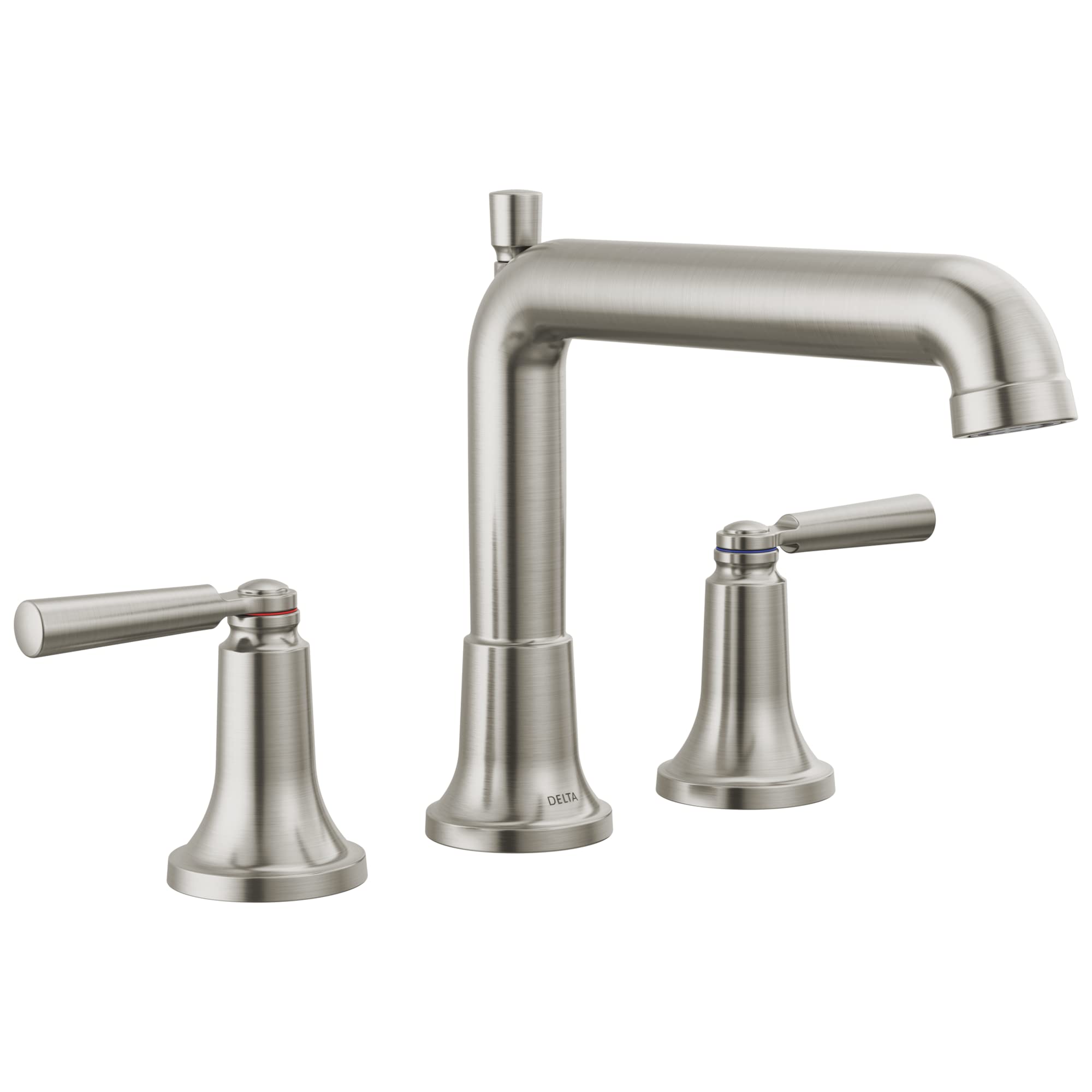 Three-piece brushed nickel Roman tub faucet with high-arc spout and lever handles.