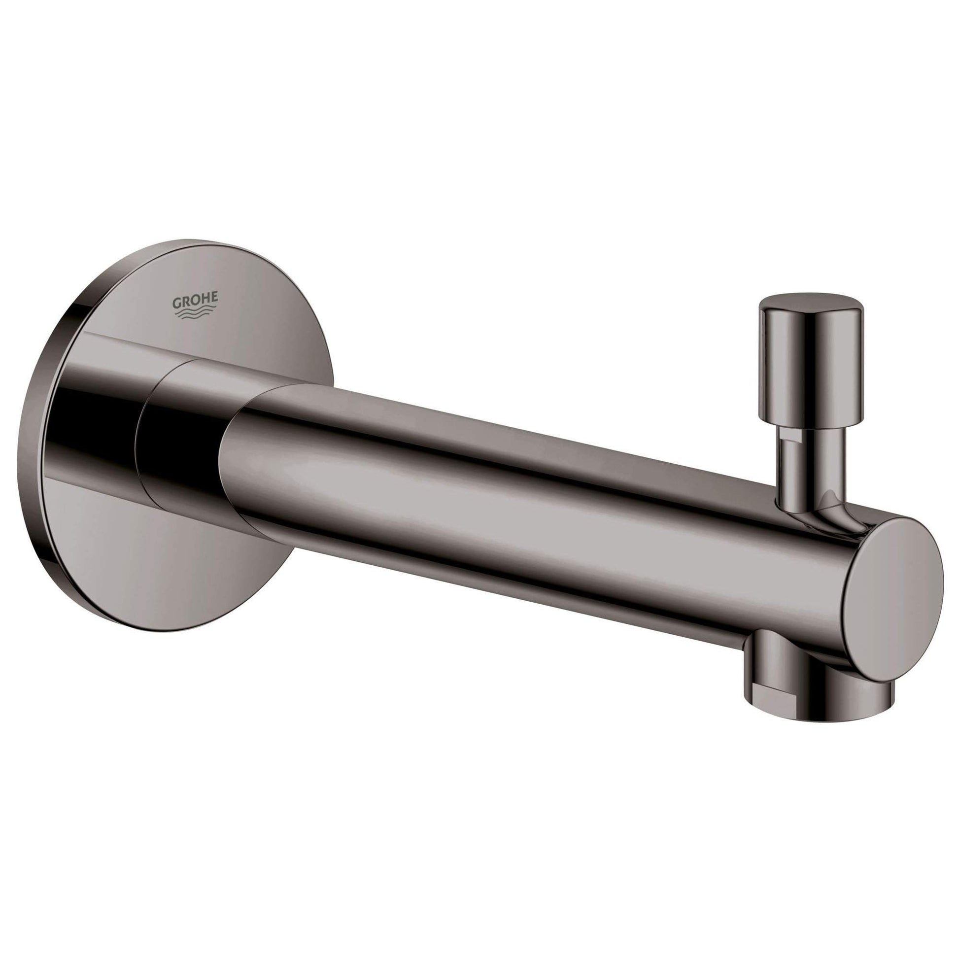 Hard graphite diverter tub spout with round wall flange, cylindrical body, and integrated diverter lever on right side.