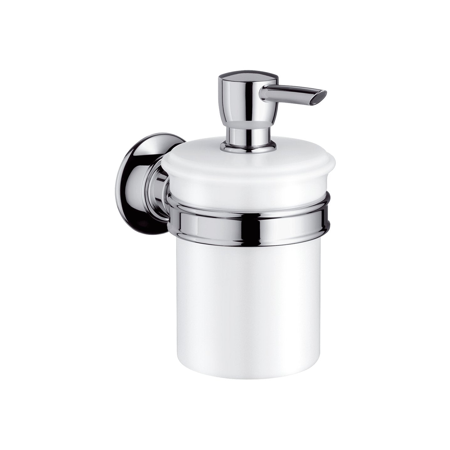 Montreux soap dispenser with white ceramic container, chrome pump head, and wall-mounted chrome bracket.