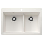 White dual-bowl drop-in sink with low divider and chrome drain strainers.