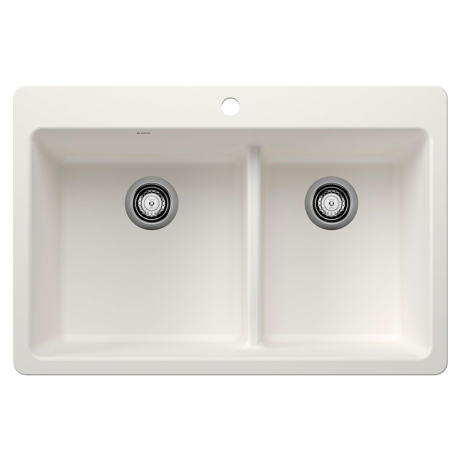 White dual-bowl drop-in sink with low divider and chrome drain strainers.
