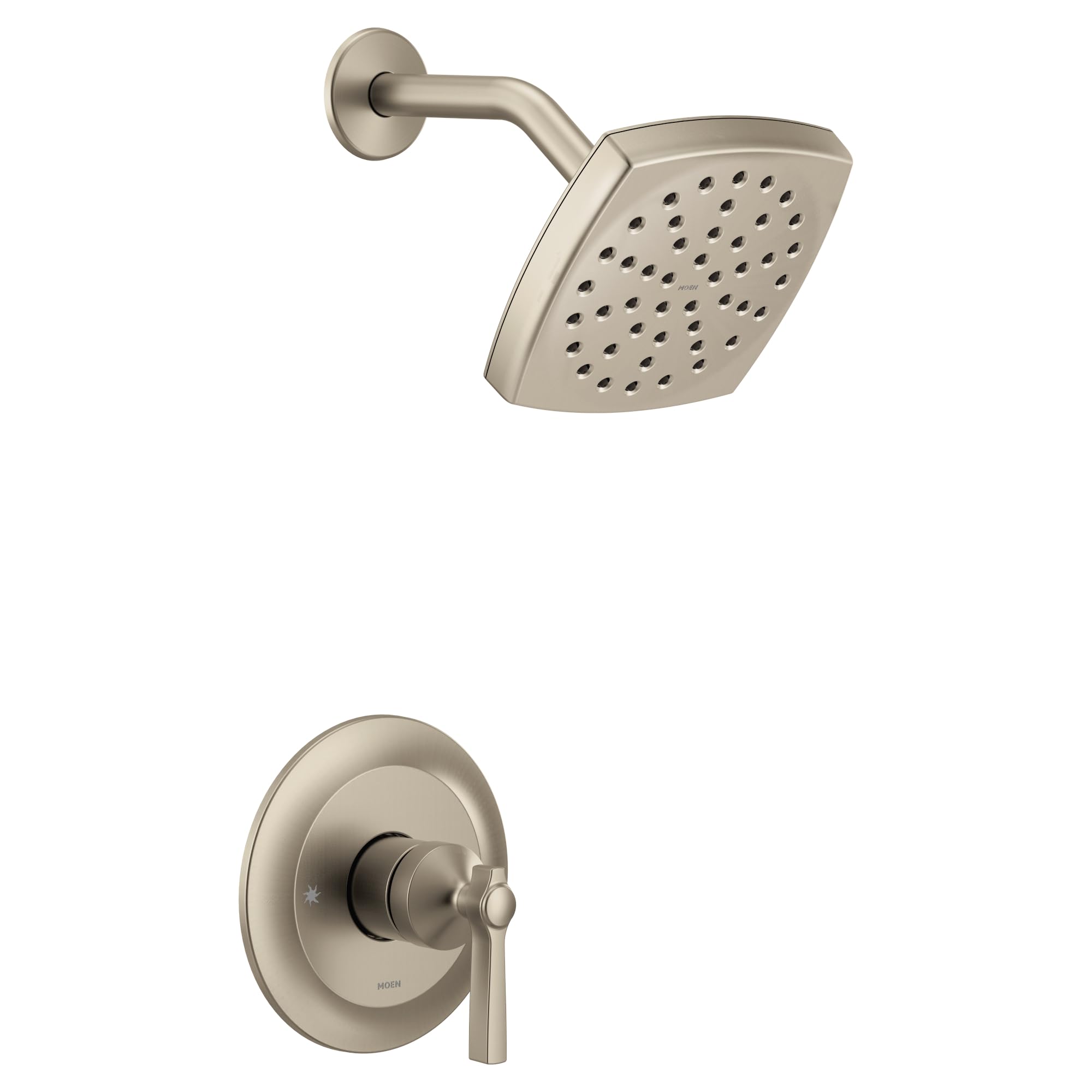 Brushed nickel shower trim kit with single lever handle, square showerhead, and curved arm.