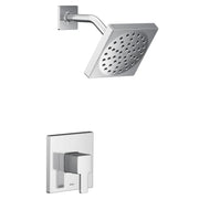 Chrome shower trim kit with square showerhead, angled arm, and single-handle wall valve.