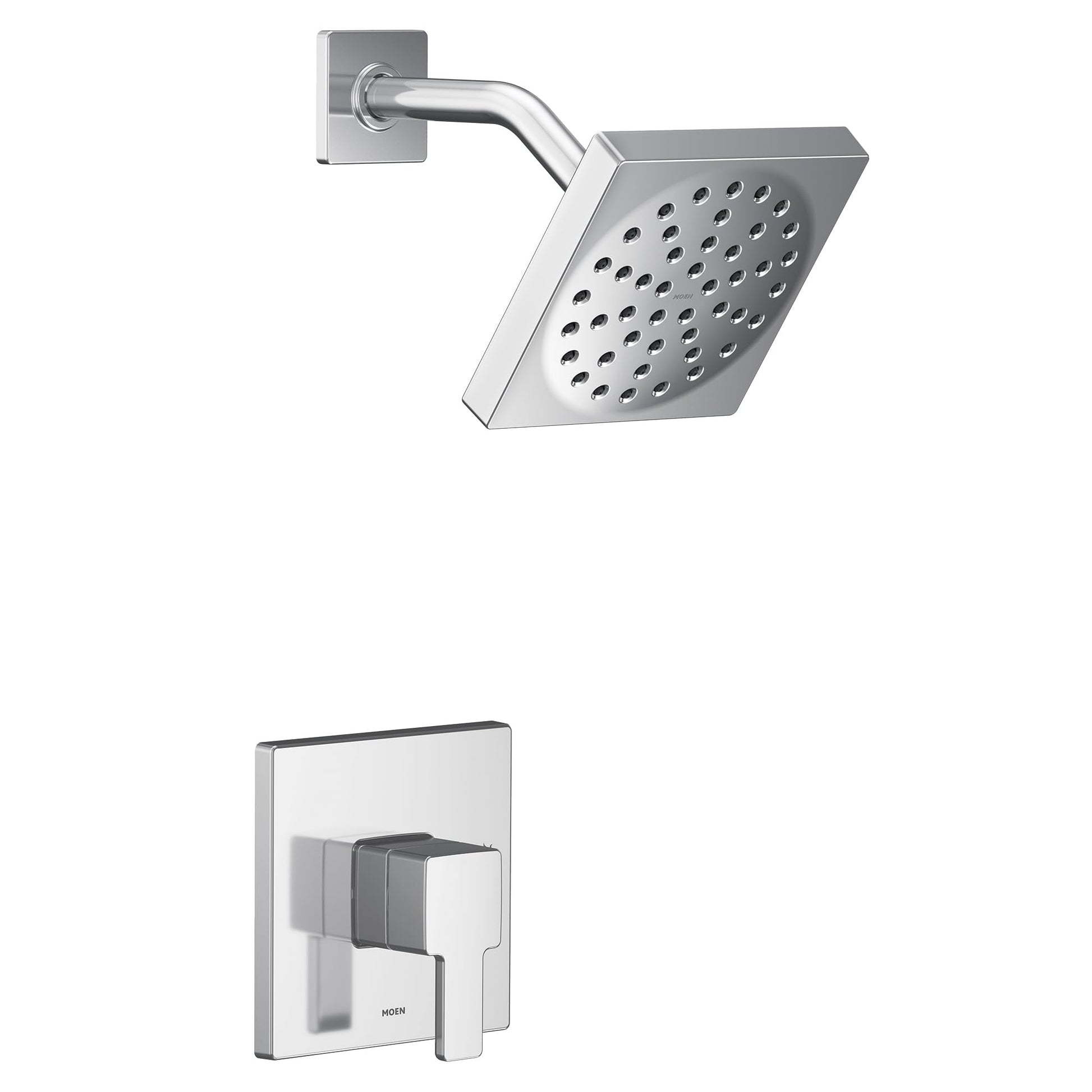 Chrome shower trim kit with square showerhead, angled arm, and single-handle wall valve.