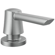 Stainless steel soap dispenser with conical pump head and curved spout in brushed metal finish.