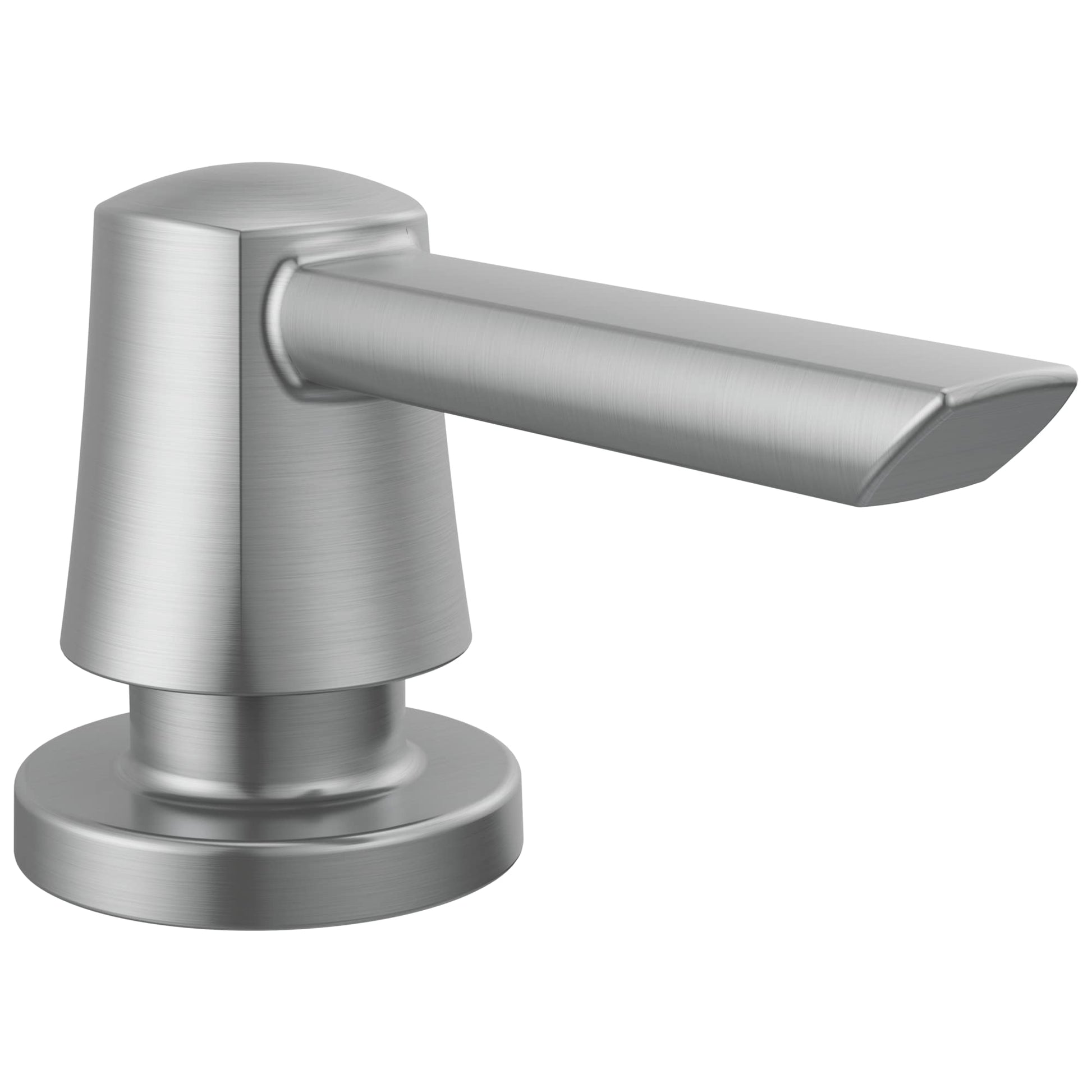 Stainless steel soap dispenser with conical pump head and curved spout in brushed metal finish.