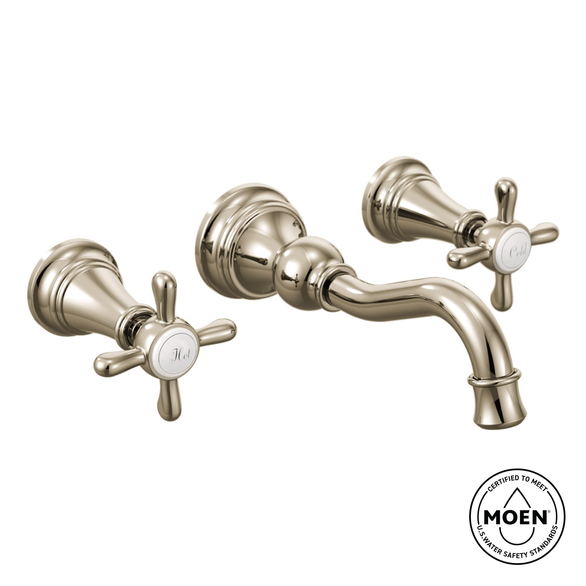 Brushed gold wall-mounted bathroom faucet with high arc spout and two cross-handle controls.