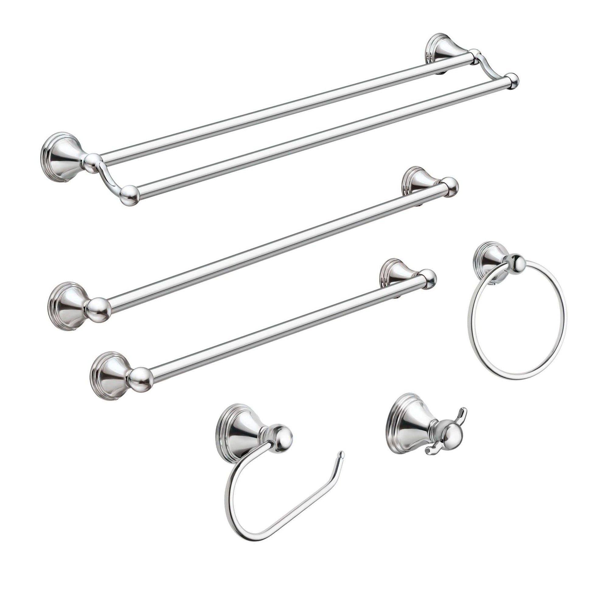 Chrome double towel bar with two parallel horizontal bars, wall-mounted brackets, and matching bathroom accessories including