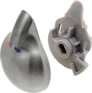 Stainless steel teardrop-shaped temperature knob with red and blue indicator, shown with gray plastic mounting cover from fro