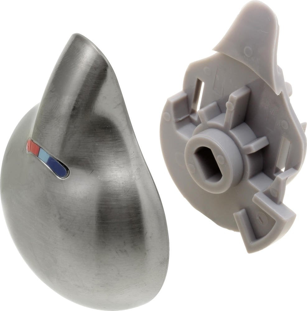 Stainless steel teardrop-shaped temperature knob with red and blue indicator, shown with gray plastic mounting cover from fro