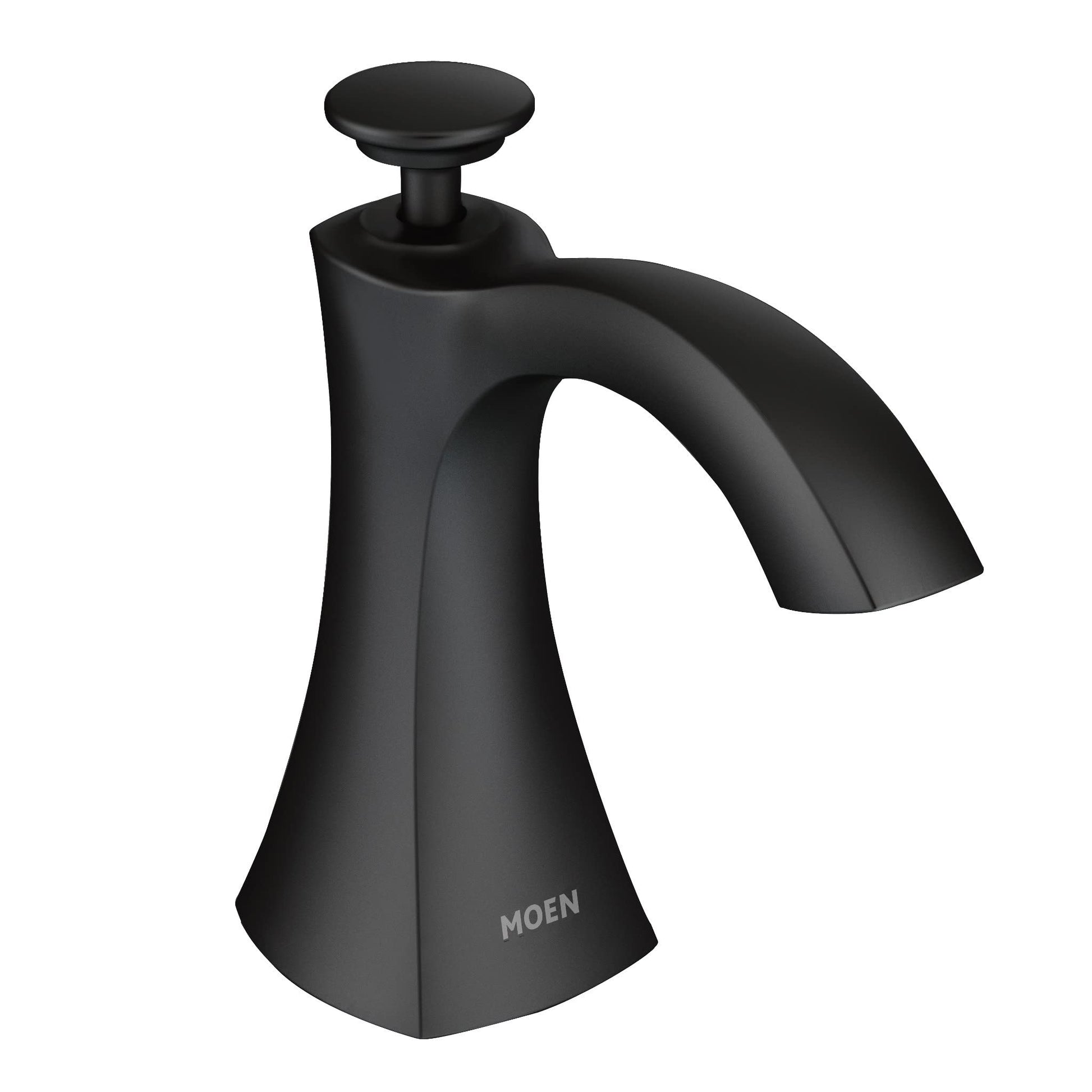 Black kitchen soap dispenser with curved spout and push-button pump top for deck mounting.