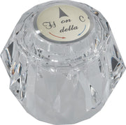 Clear acrylic knob handle with cream-colored dial labeled "H on C della" for faucet control.