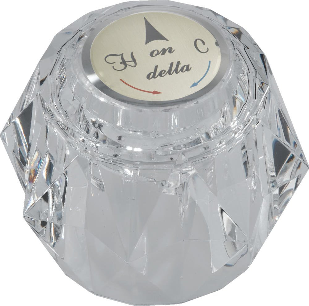 Clear acrylic knob handle with cream-colored dial labeled "H on C della" for faucet control.