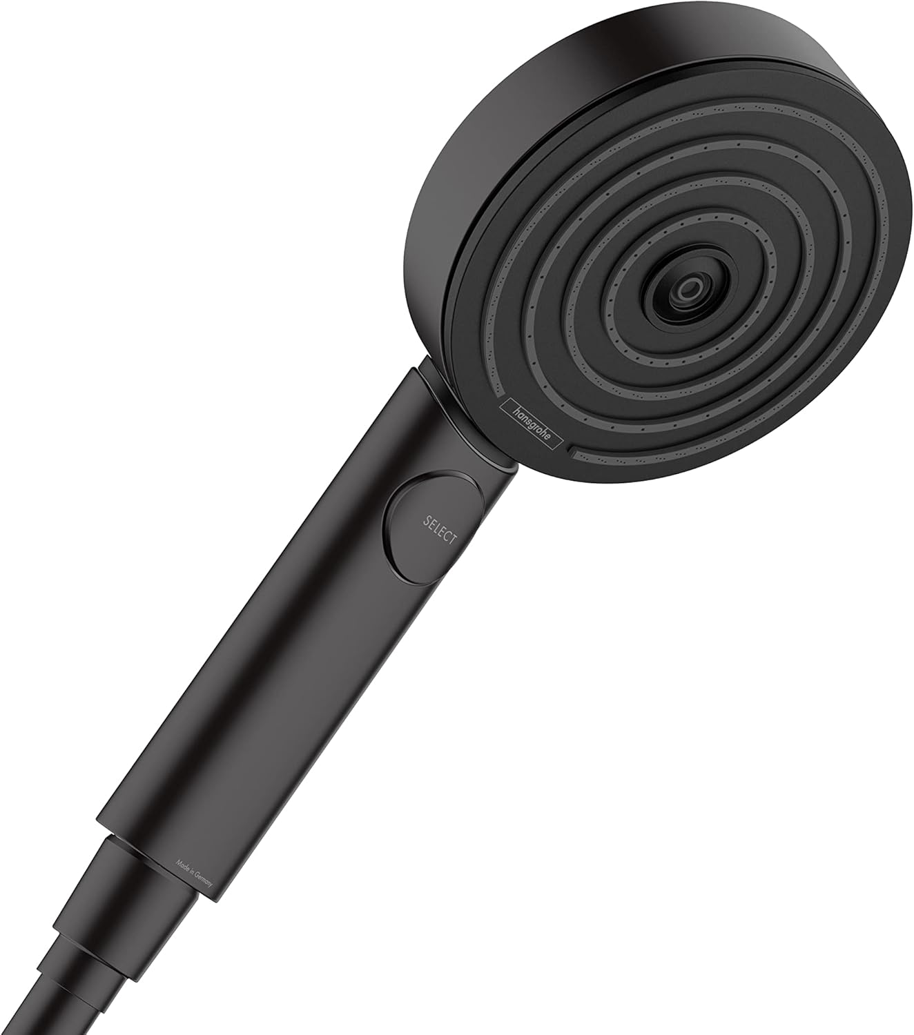 Matte black handheld showerhead with circular face and concentric spray holes, connected to cylindrical handle with select bu