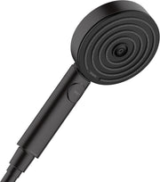 Matte black handheld showerhead with circular face and concentric spray holes, connected to cylindrical handle with select bu
