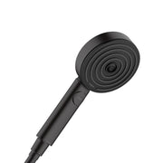 Matte black handheld showerhead with circular face and concentric jet pattern, attached to cylindrical handle with control bu