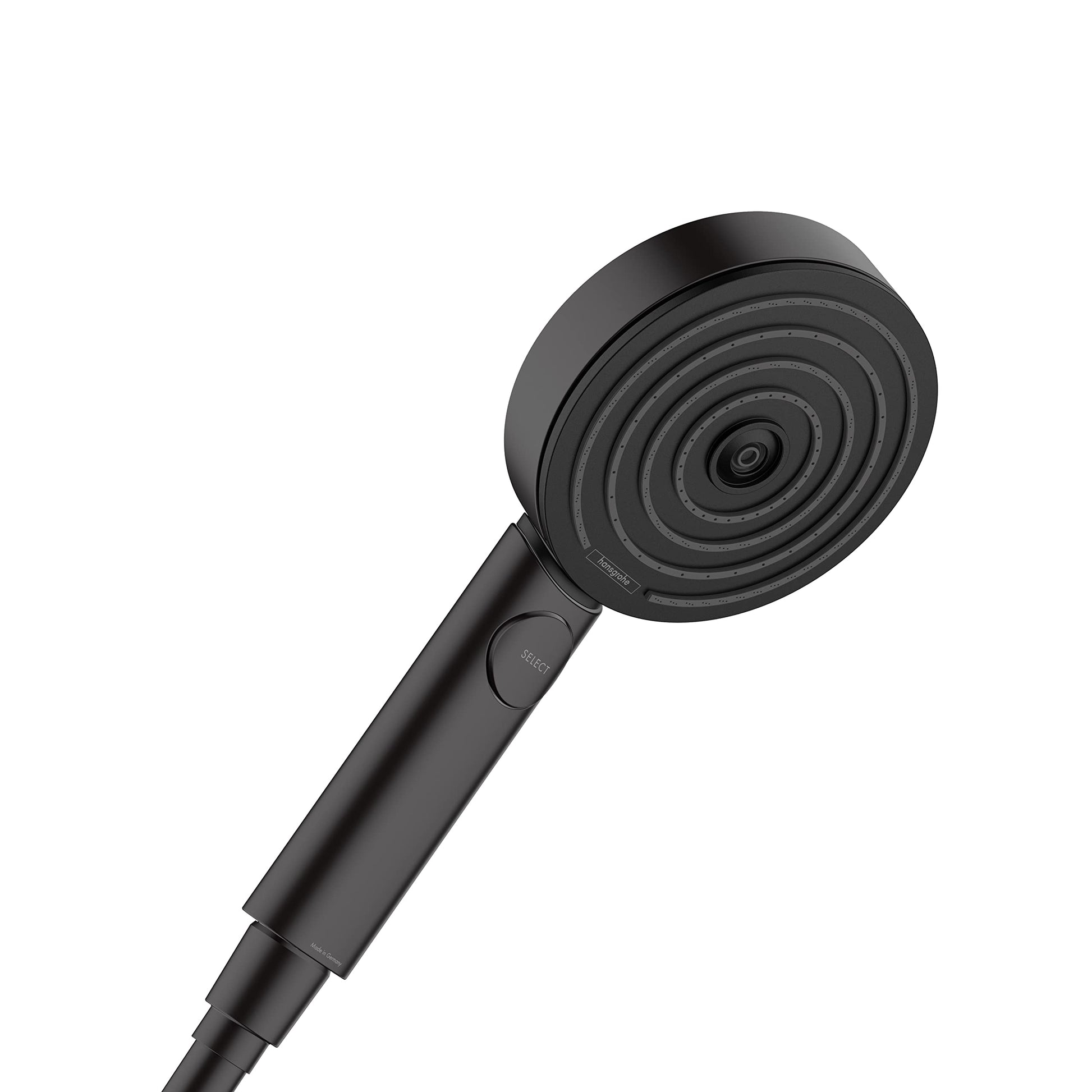 Matte black handheld showerhead with circular face and concentric jet pattern, attached to cylindrical handle with control bu