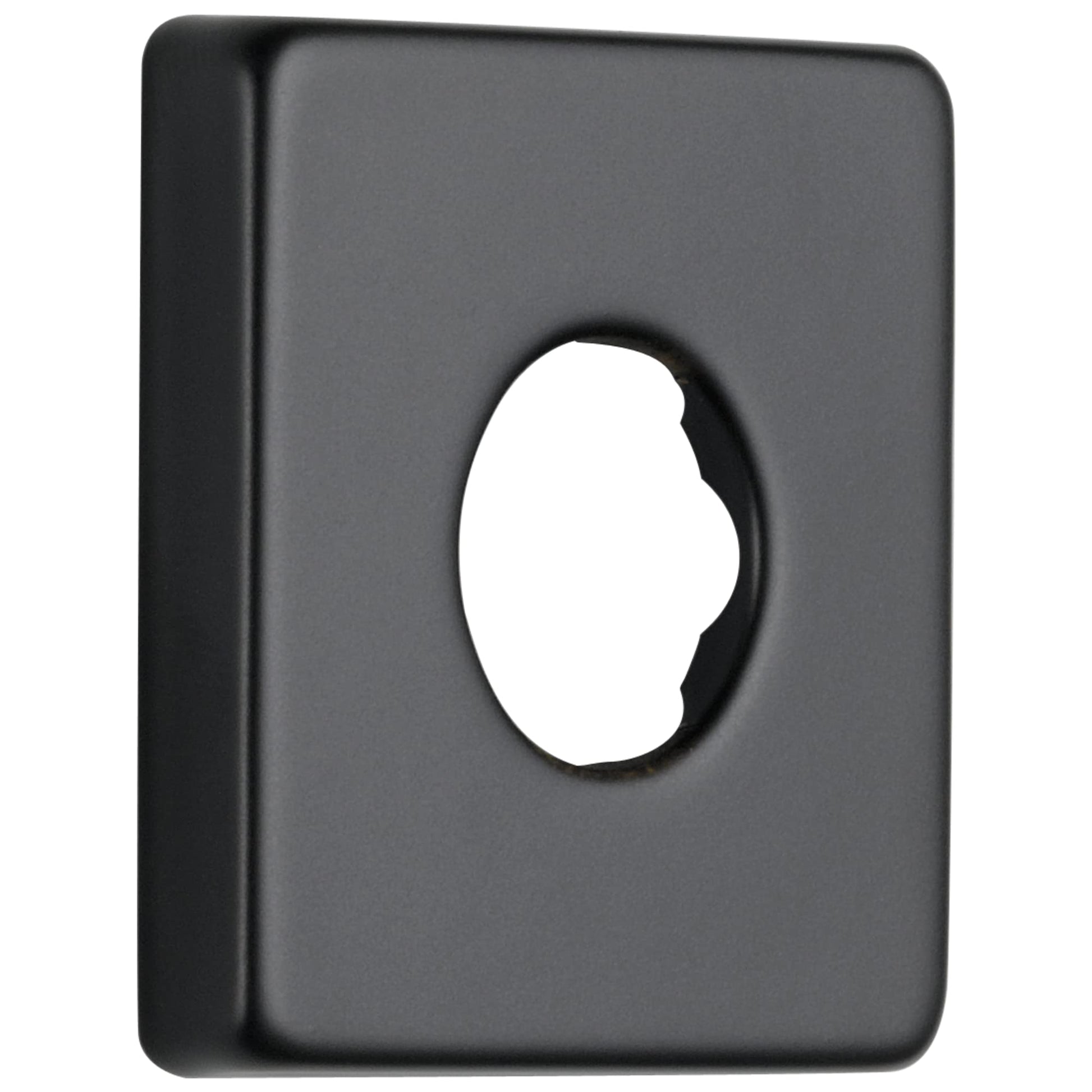 Matte black rectangular shower flange with rounded corners and central oval opening.