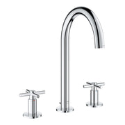 Chrome widespread bathroom faucet with arched spout and two cross-handle controls on round bases.