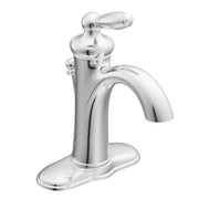 Chrome bathroom sink faucet with single lever handle, curved spout, and oval base plate.