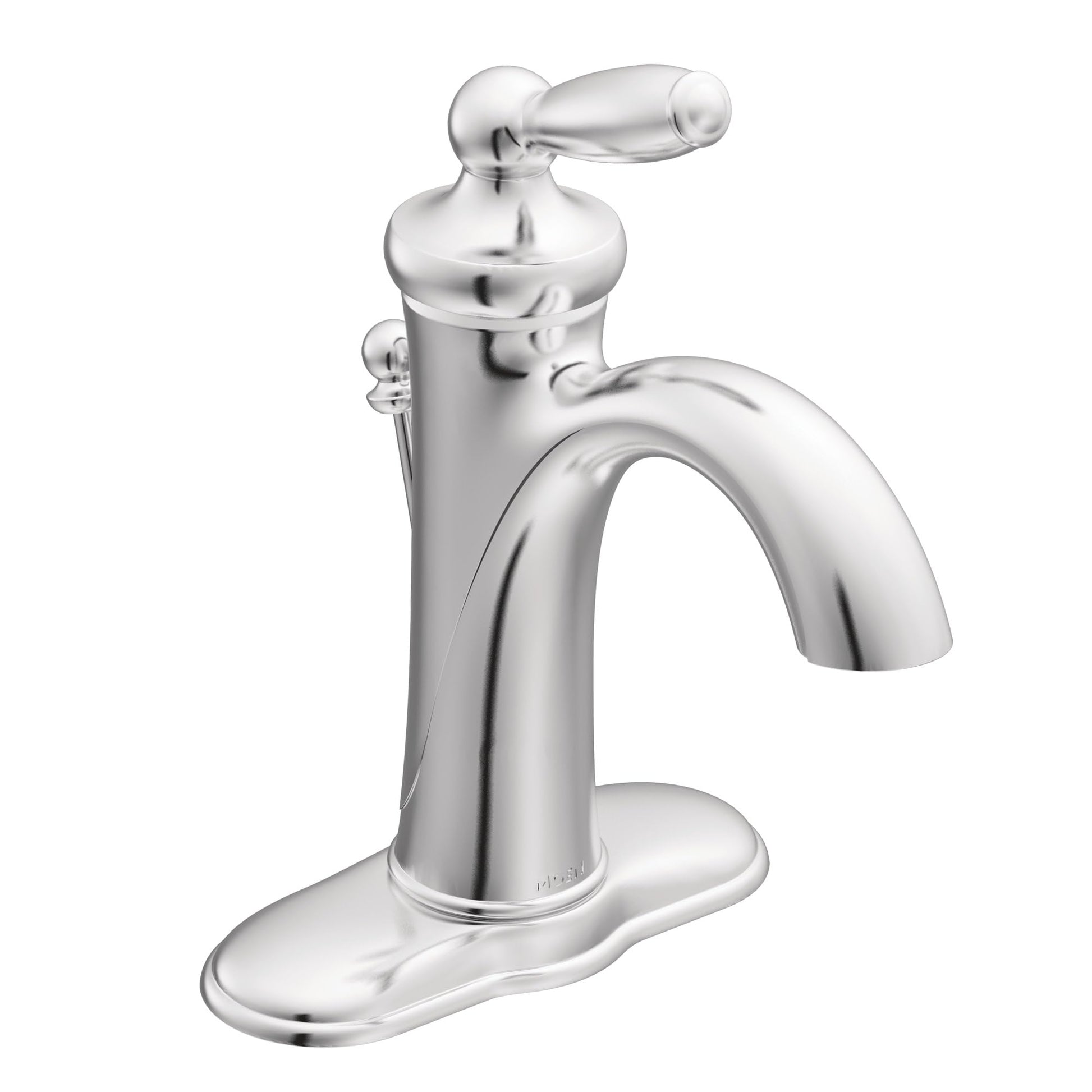 Chrome bathroom sink faucet with single lever handle, curved spout, and oval base plate.