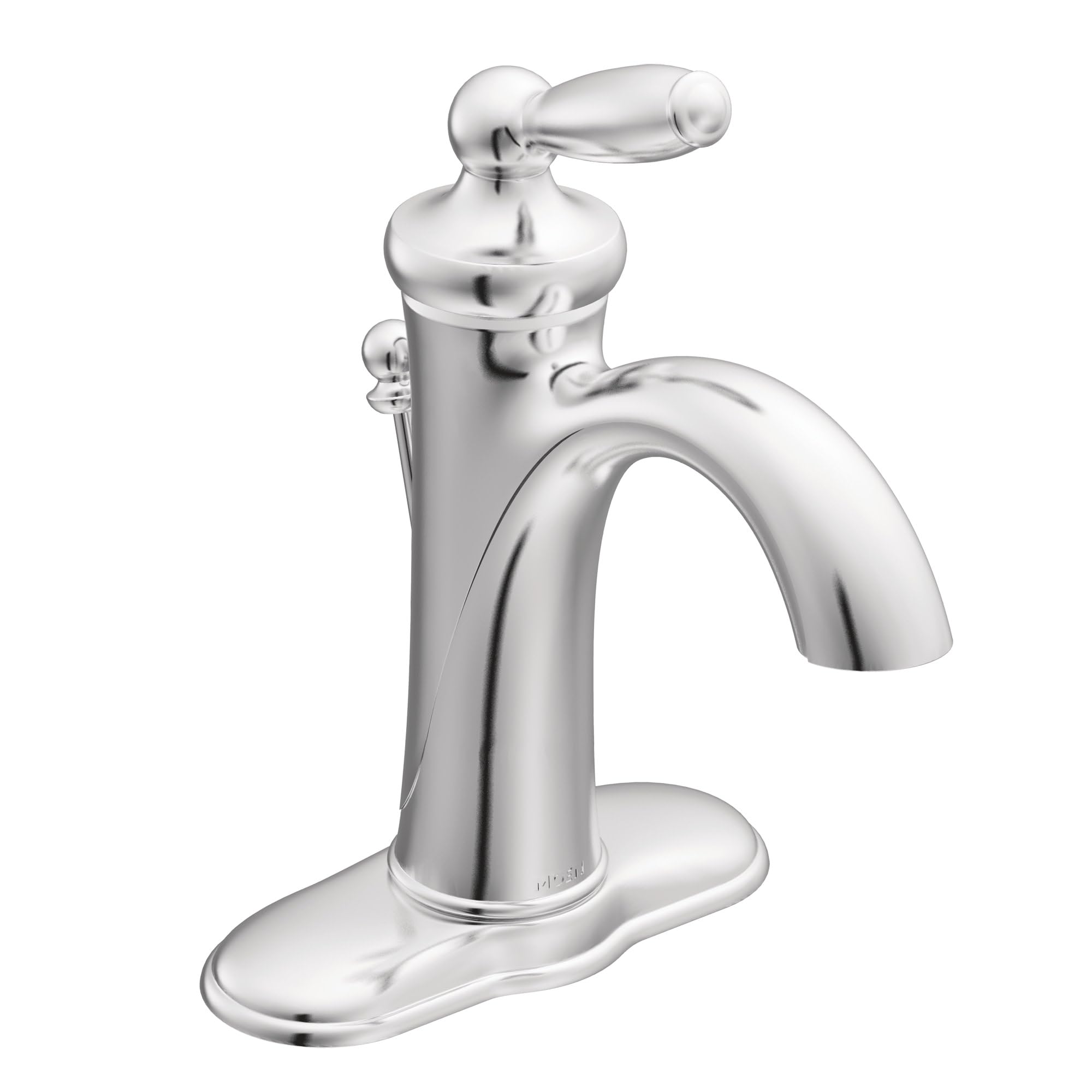 Chrome bathroom sink faucet with single lever handle, curved spout, and oval base plate.