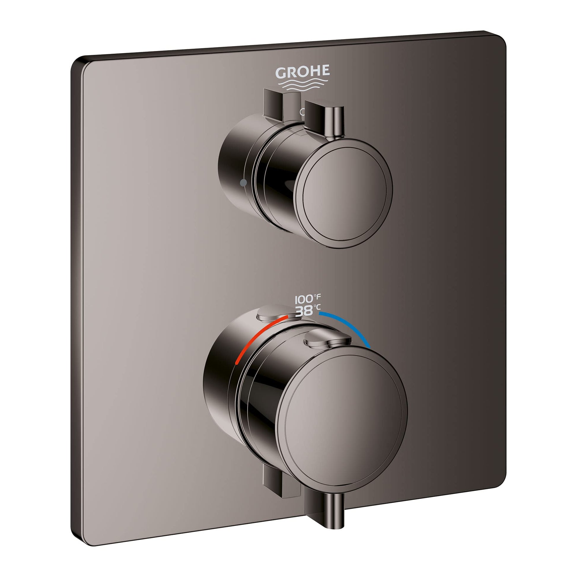 Grohe thermostatic valve trim with two round handles and temperature dial on dark graphite square plate.