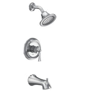 Chrome tub and shower trim kit with single handle valve, showerhead, and tub spout.