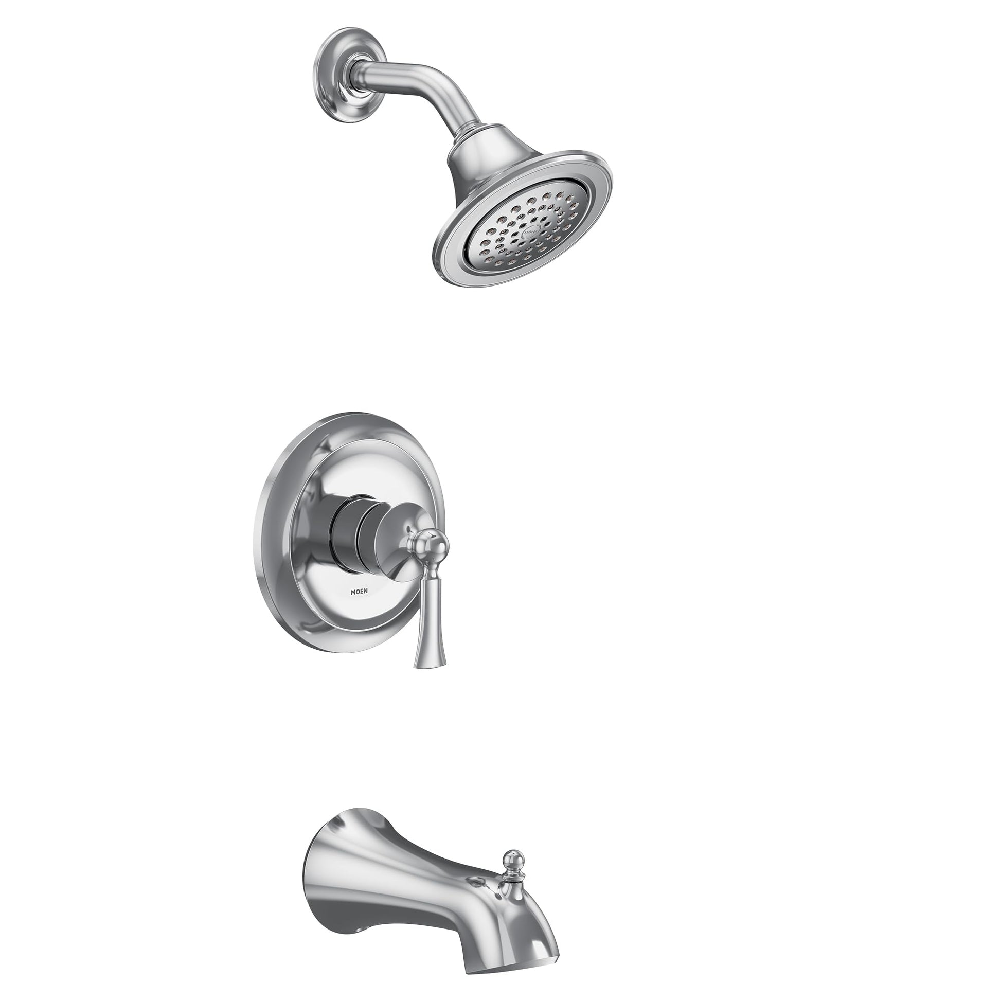 Chrome tub and shower trim kit with single handle valve, showerhead, and tub spout.