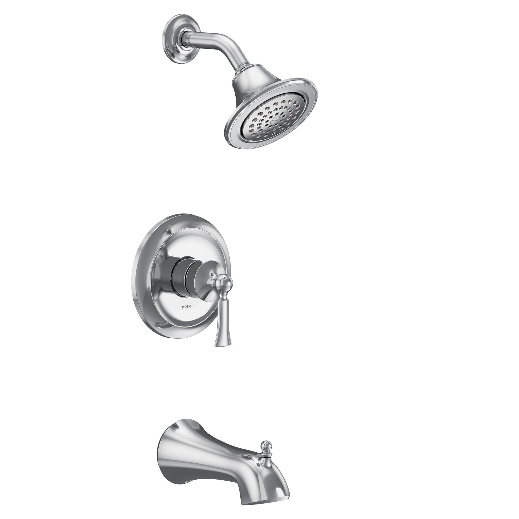Chrome tub and shower trim kit with single handle valve, showerhead, and tub spout.