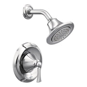 Chrome shower trim kit with single-handle valve, curved arm, and round showerhead with perforations.