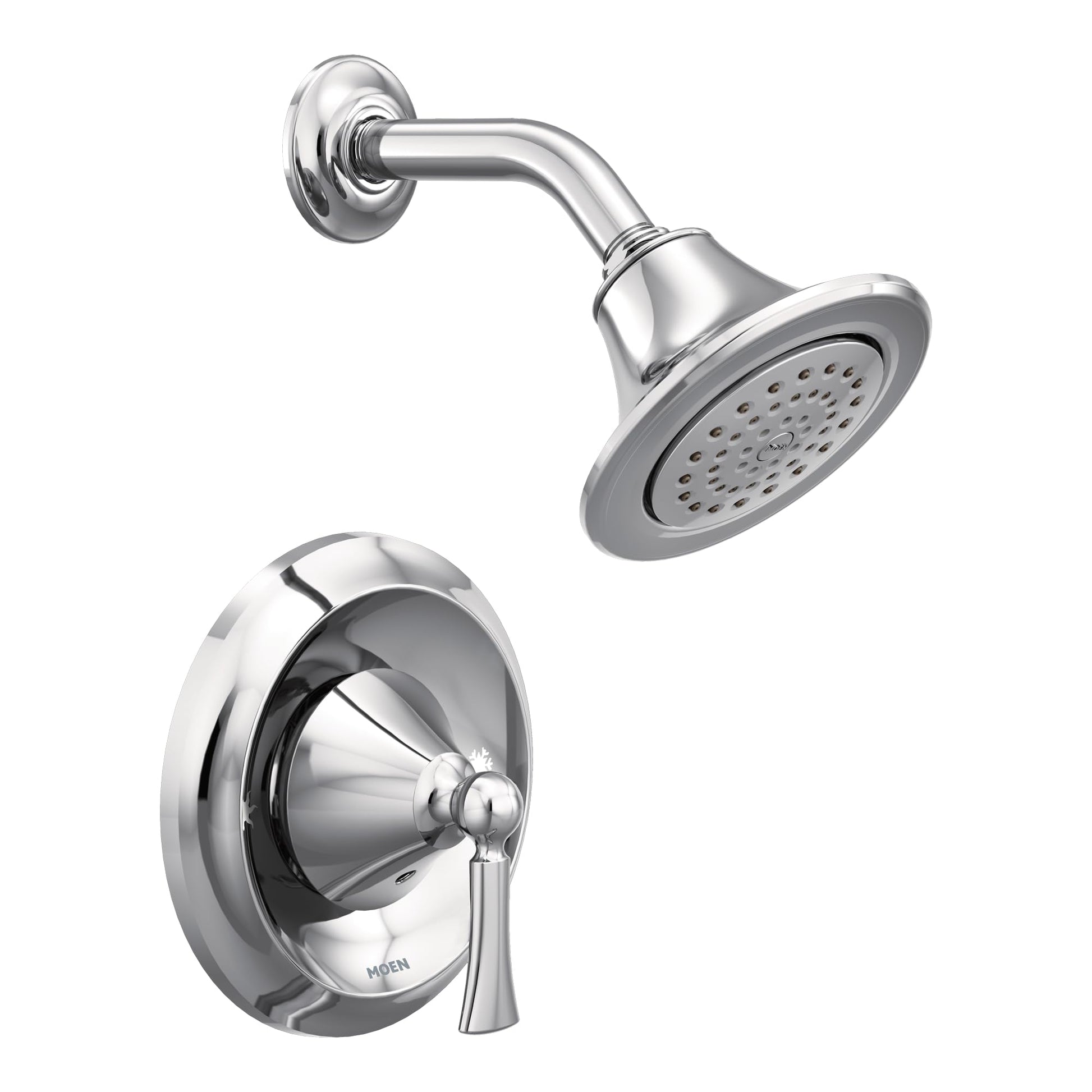 Chrome shower trim kit with round showerhead, curved arm, and lever handle valve on circular trim ring.