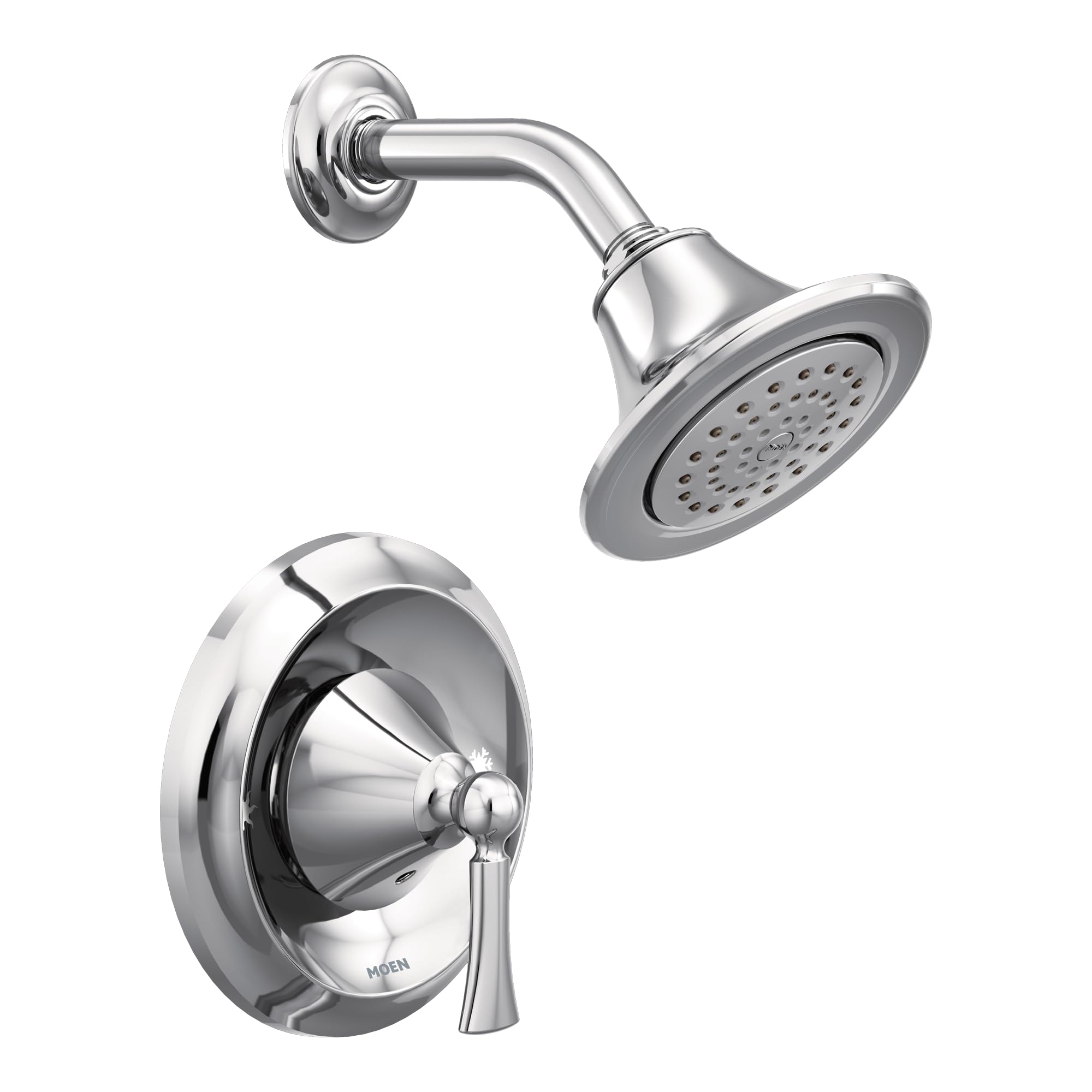 Chrome shower trim kit with round showerhead, curved arm, and lever handle valve on circular trim ring.