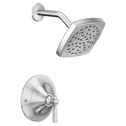 Chrome shower trim kit with square showerhead and lever handle valve, shown from front and side angles.