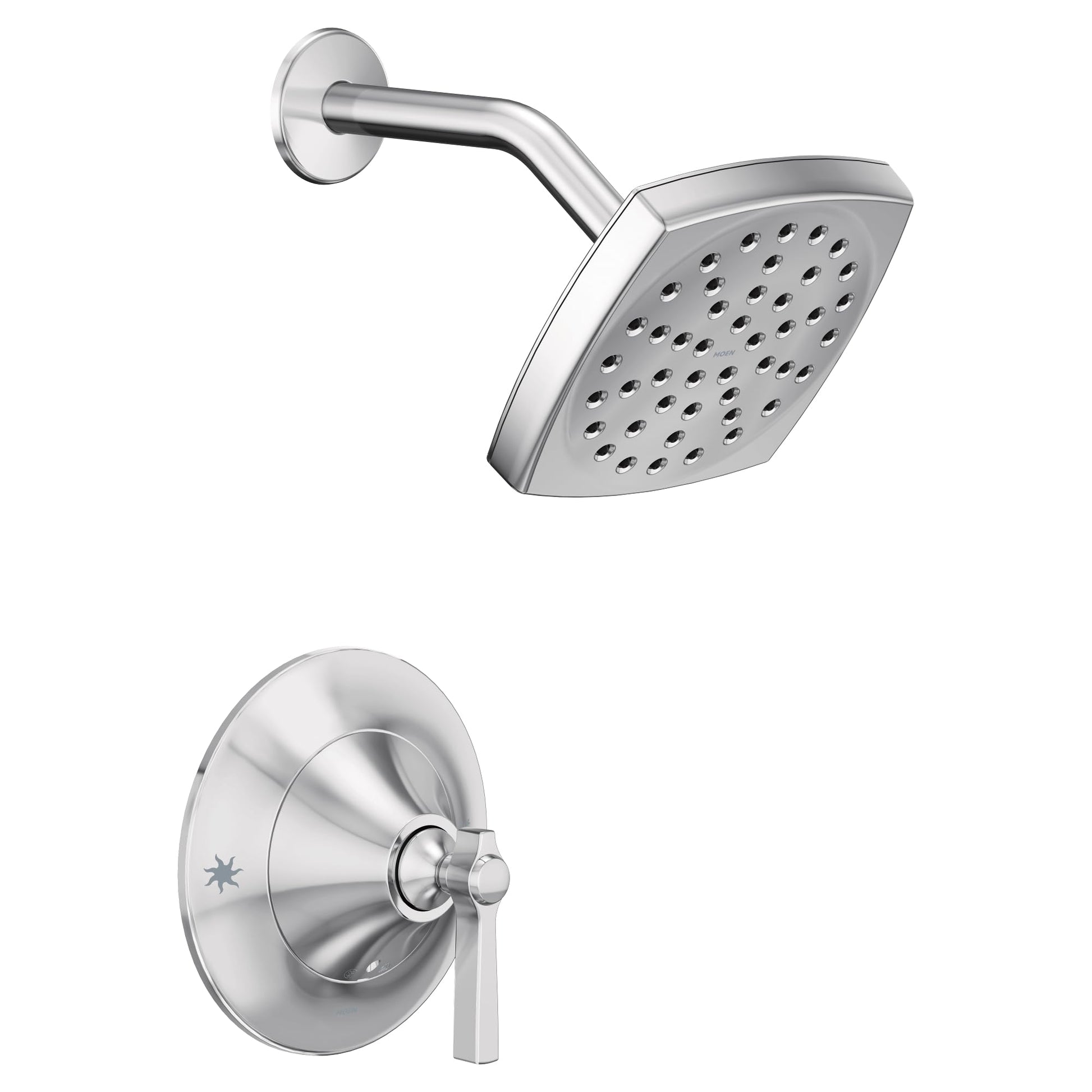 Chrome shower trim kit with square showerhead and lever handle valve, shown from front and side angles.