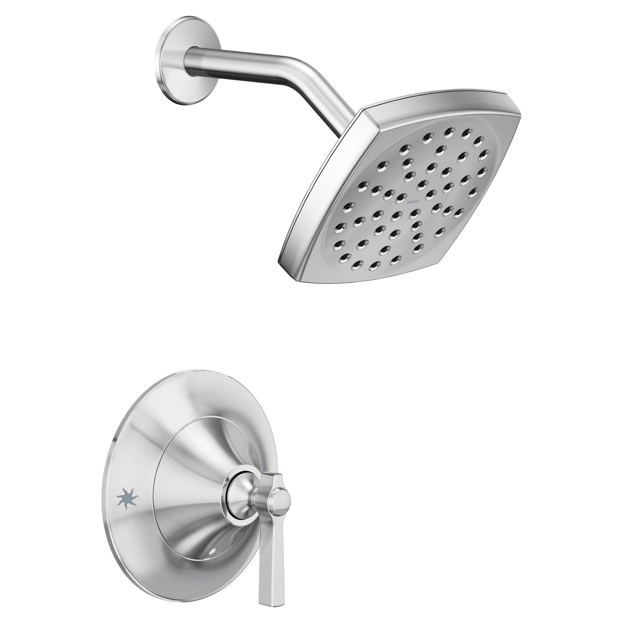 Chrome shower trim kit with square showerhead and lever handle valve, shown from front and side angles.