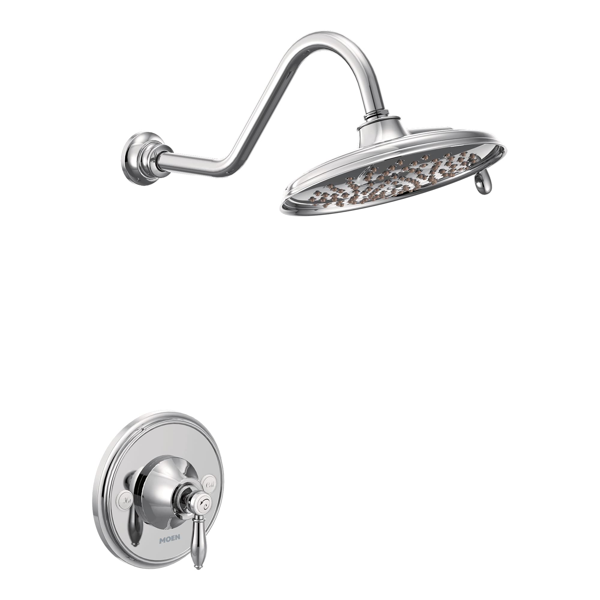 Chrome shower trim kit with oval rainshower head and curved arm mounted on round wall valve plate.
