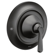 Moen Colinet matte black single-handle shower valve trim with lever handle and circular escutcheon plate.