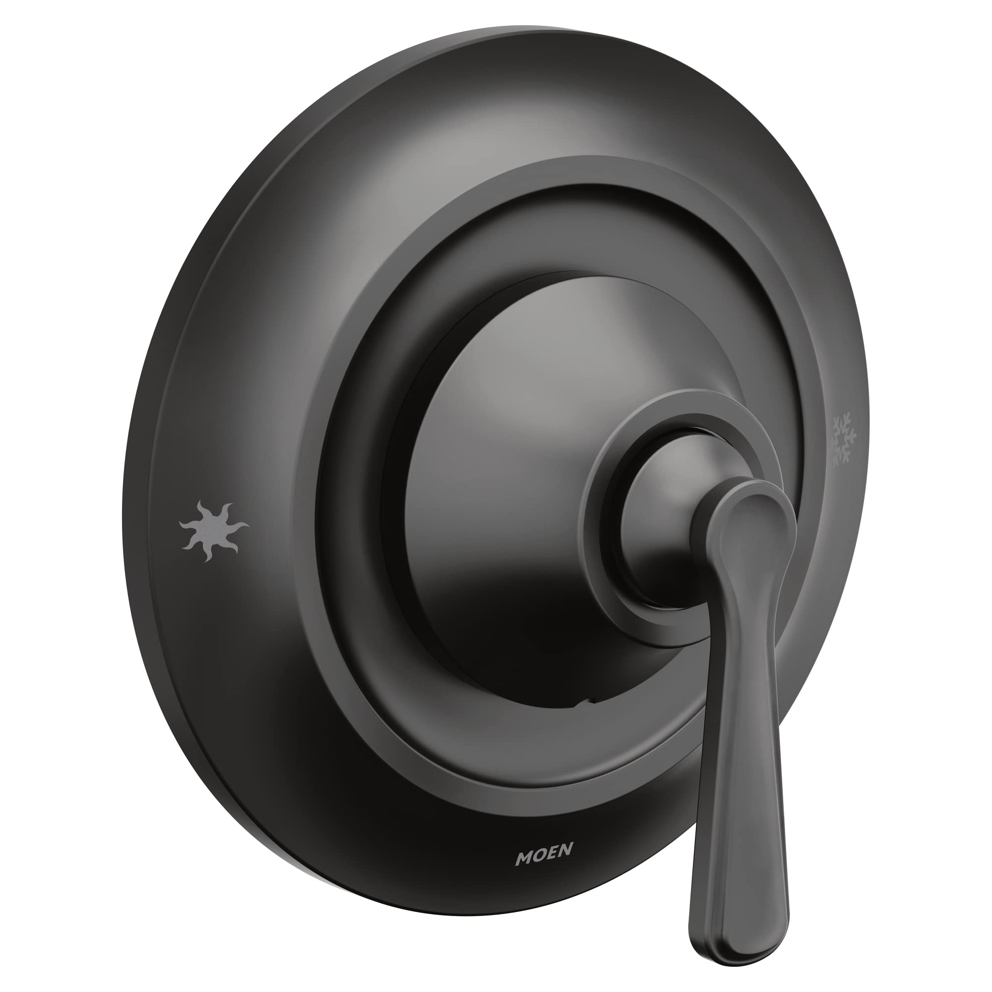 Moen Colinet matte black single-handle shower valve trim with lever handle and circular escutcheon plate.