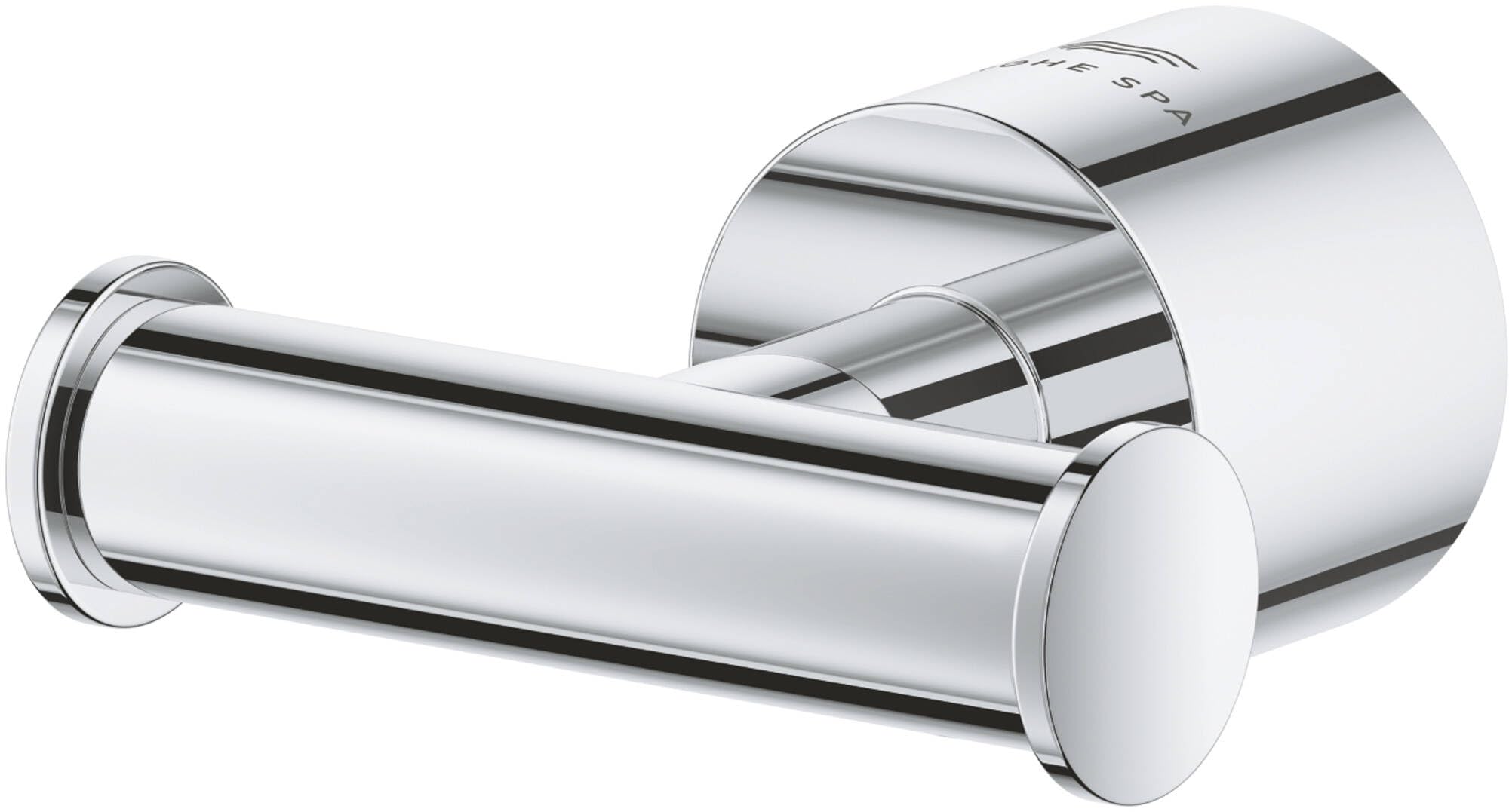 Polished chrome towel hook with cylindrical hook arm and round mounting base.