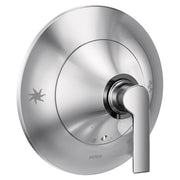 Chrome shower valve trim with single lever handle and round escutcheon plate.