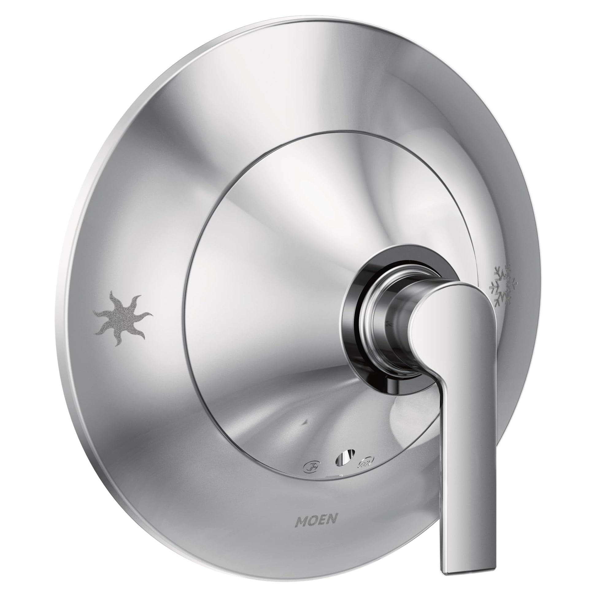 Chrome shower valve trim with single lever handle and round escutcheon plate.