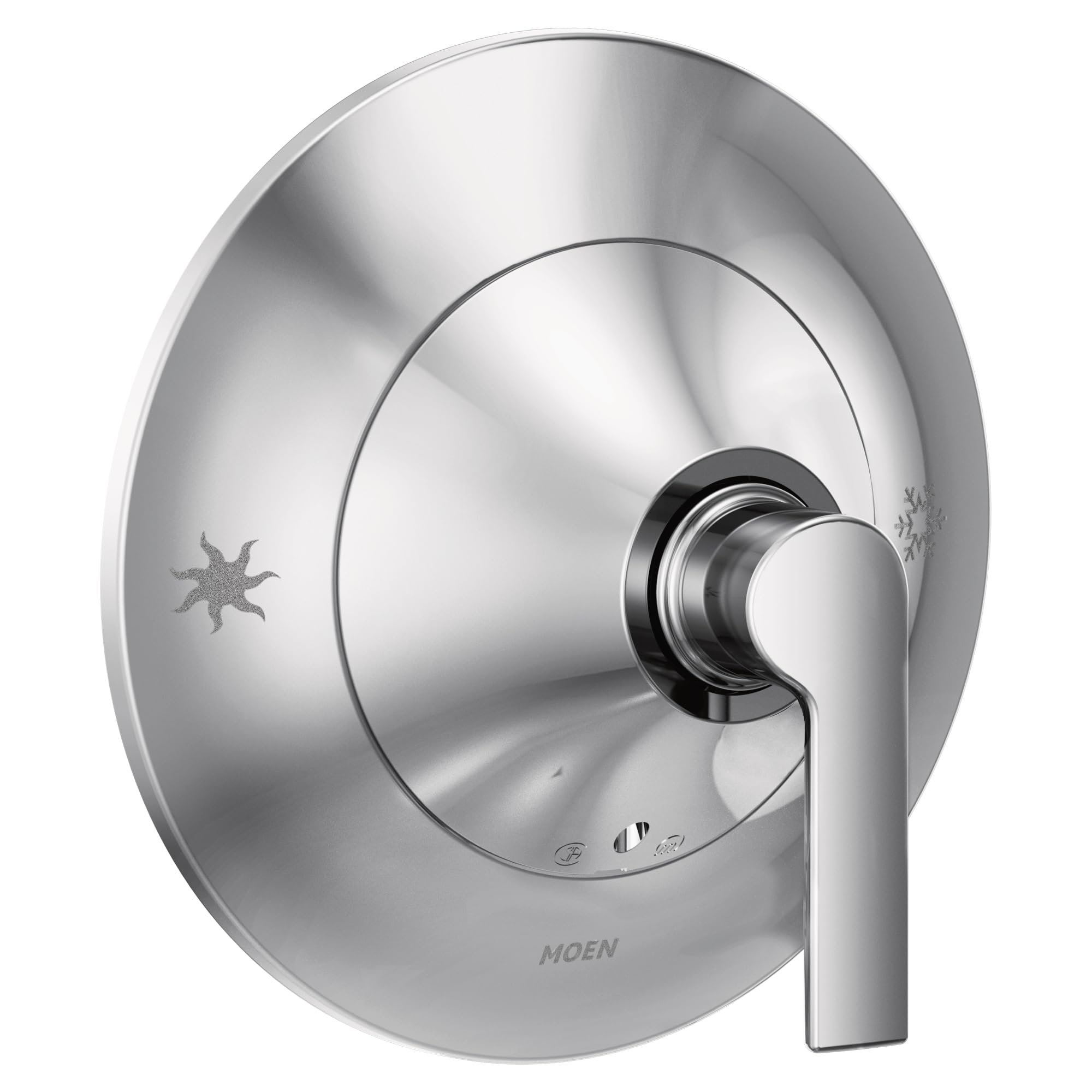 Chrome shower valve trim with single lever handle and round escutcheon plate.