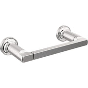 Chrome tissue holder with cylindrical mounting posts and rectangular bar for wall installation.
