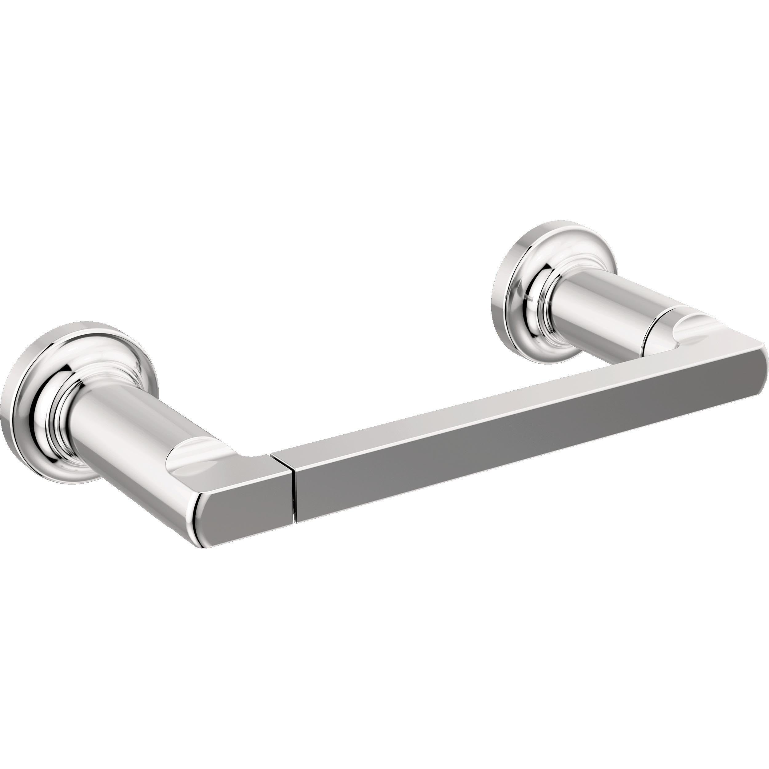 Chrome tissue holder with cylindrical mounting posts and rectangular bar for wall installation.