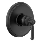 Matte black single-handle shower trim with circular backplate and lever handle.
