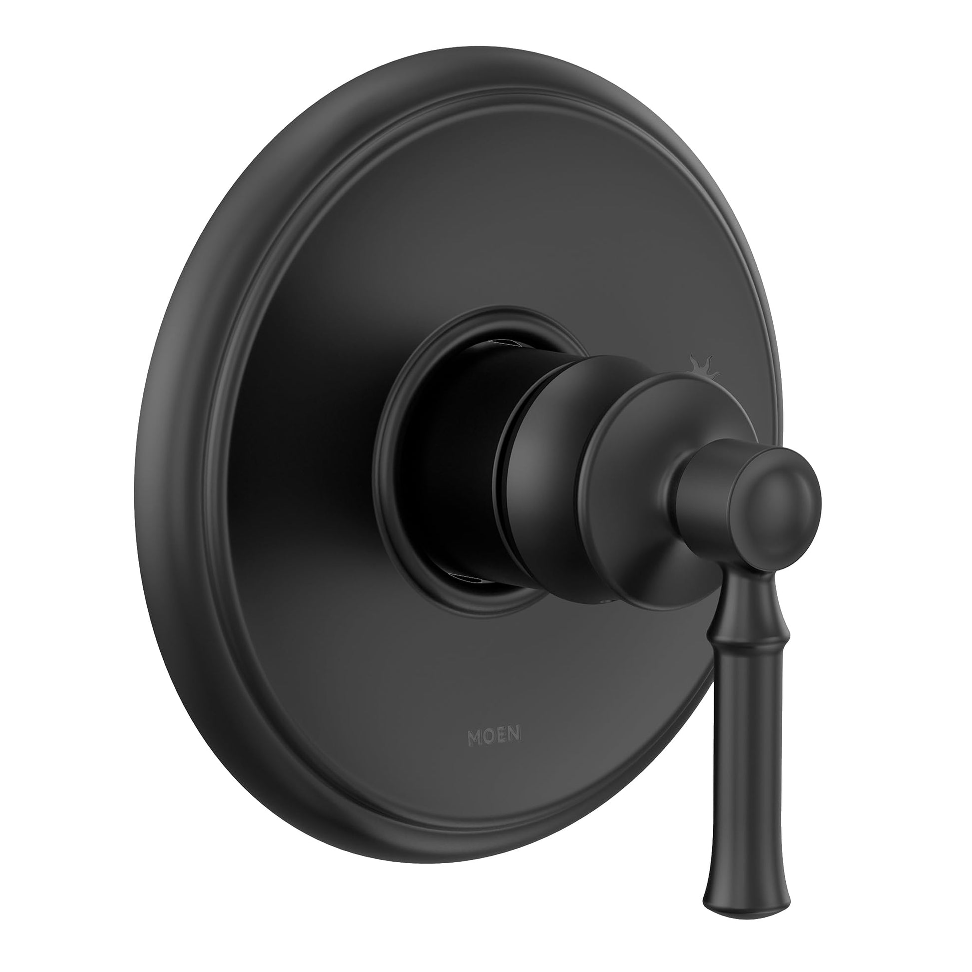 Matte black single-handle shower trim with circular backplate and lever handle.